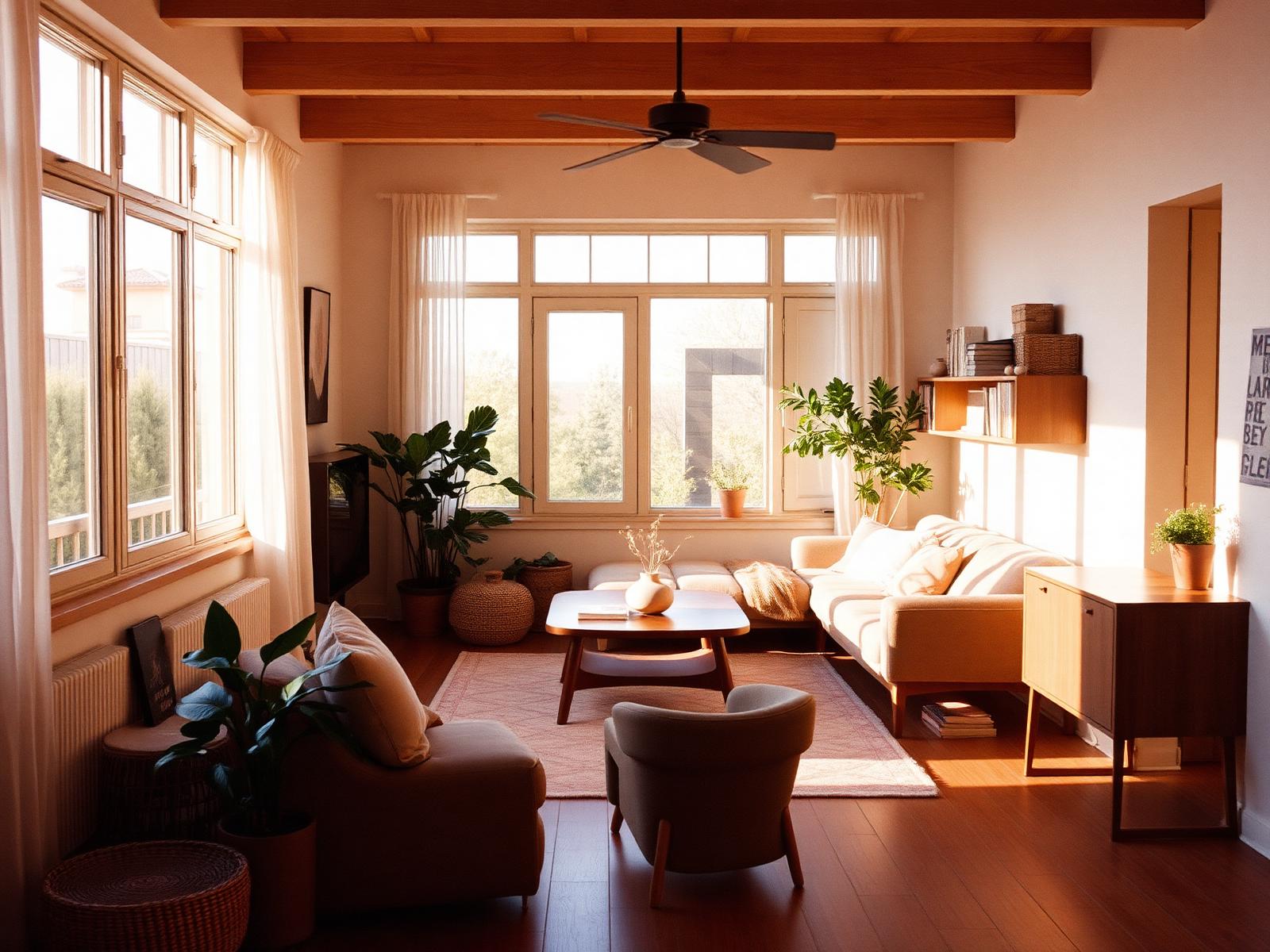 A warm shared living room bathed in golden light